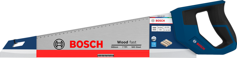 Cưa tay Bosch 500 mm, 7 răng/inch, dùng để cắt gỗ.